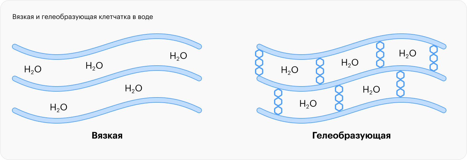 Вязкая структура — длинные молекулы, которые располагаются параллельно друг другу, но не объединяются химическими связями. В геле между параллельными волокнами образуются химические связи, делающие структуру устойчивее