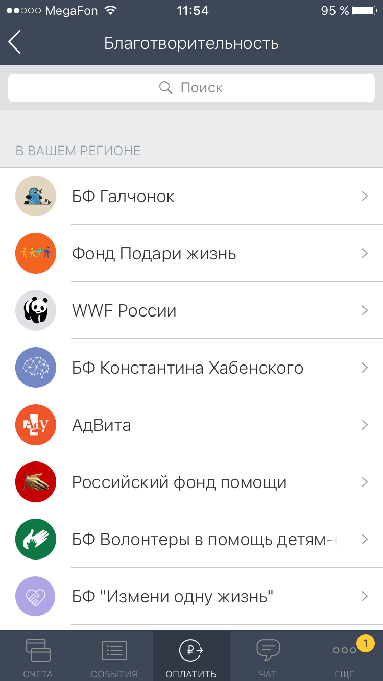 Список благотворительных фондов в приложении Т⁠-⁠Банка