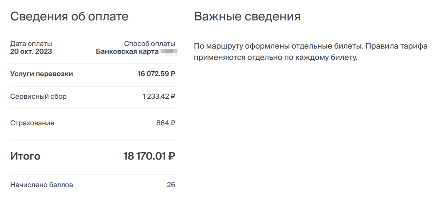 Дополнительно оформила страховку. Она не обязательна, без нее билет стоил 17 306 ₽