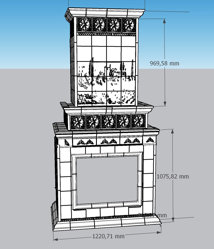 3D-модель камина. Думаю, программа может посчитать количество деталей и сформировать отчет по размерам, но я с этим не разобралась и пересчитала количество по чертежу. Не хотелось глубоко погружаться в 3D⁠-⁠моделирование
