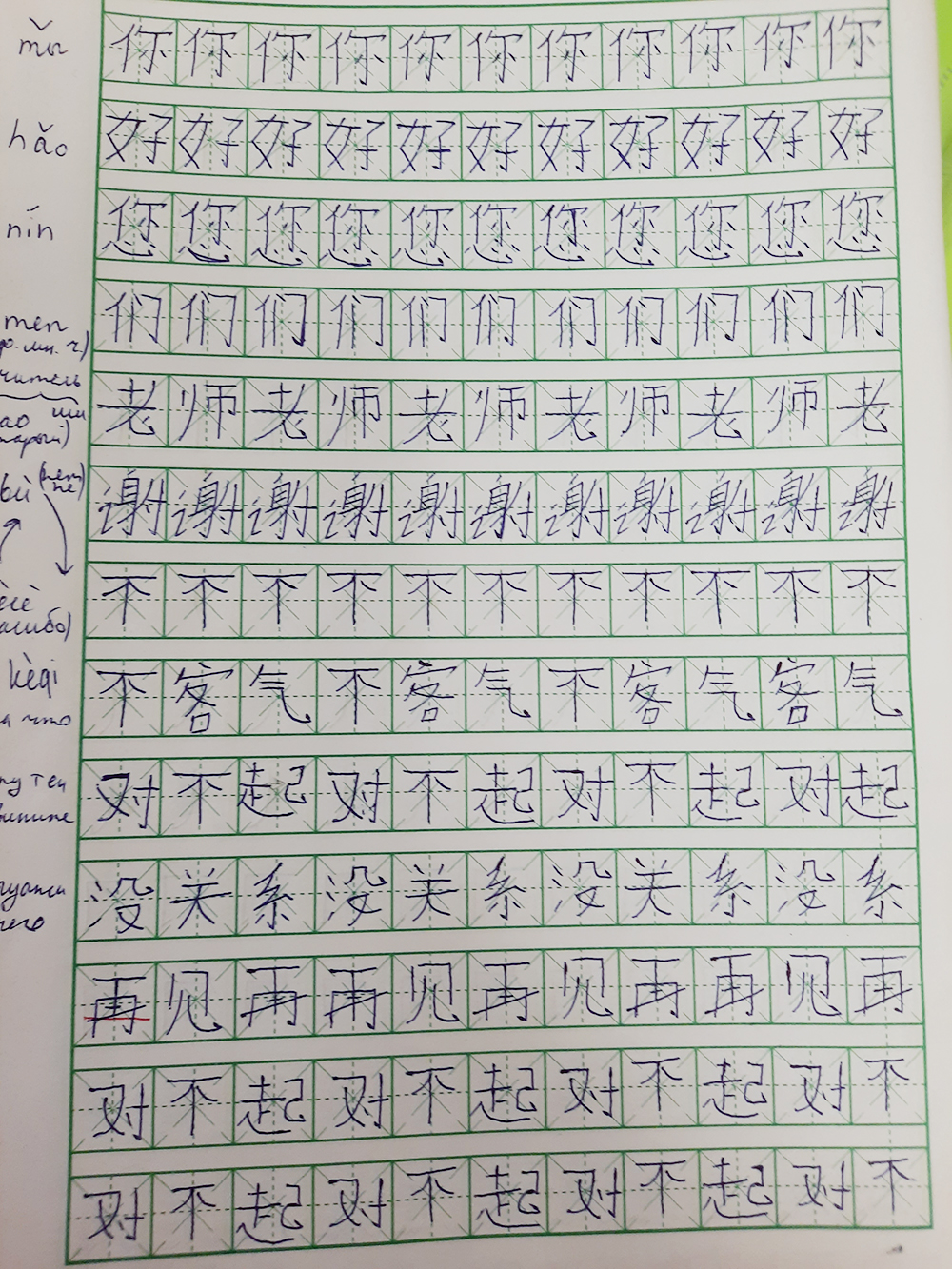 Мои первые иероглифы. Они большого размера, потому что сначала важно научиться писать крупно. Подписи на полях — тот самый пиньинь