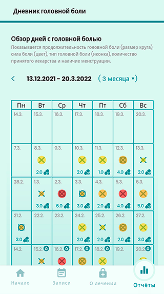 Приложение показывает приступы боли, в том числе в виде графиков