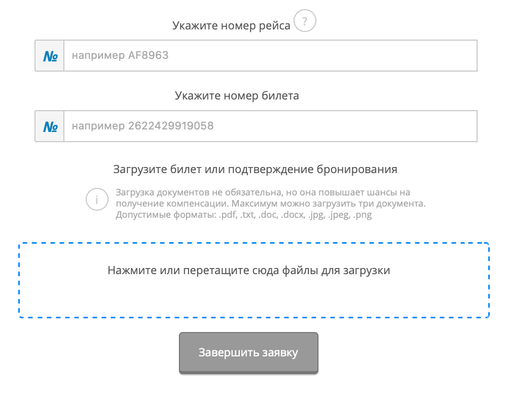 В форме необходимо ввести номер рейса и билета того, кто заполняет заявку