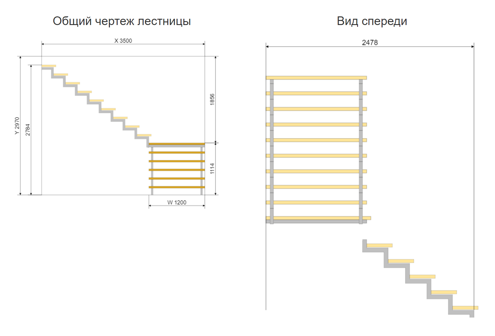 Схема моей лестницы на металлических косоурах: 15 ступеней — 9 на верхнем марше и 6 на нижнем