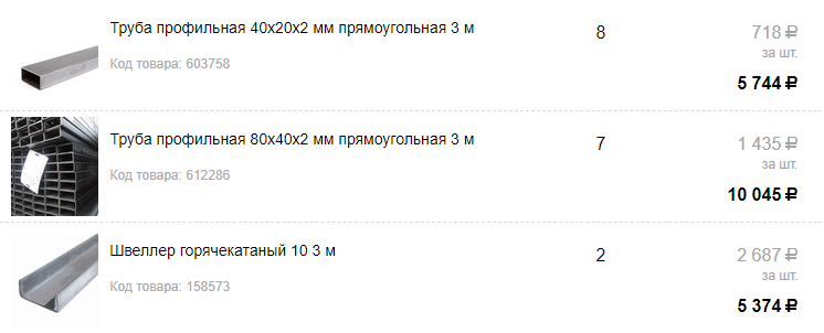 За семь металлических профилей и два швеллера для площадки я заплатил 15 419 ₽, плюс 1000 ₽ за доставку