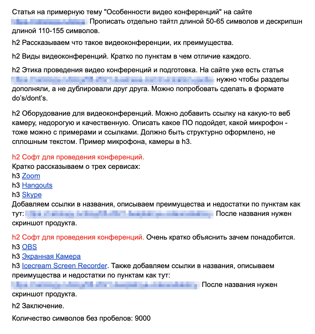 Техническое задание для SEO-статьи: указана структура, заголовки, количество символов, ключевые слова, референсы, требования по уникальности, спамности и водности