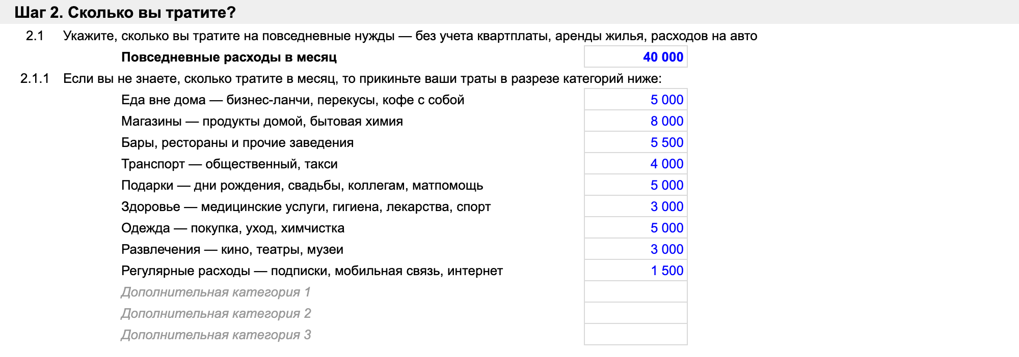 Чтобы прикинуть средний расход в месяц, укажите ваши затраты по категориям. В пункте 2.1 таблица автоматически посчитает сумму этих трат