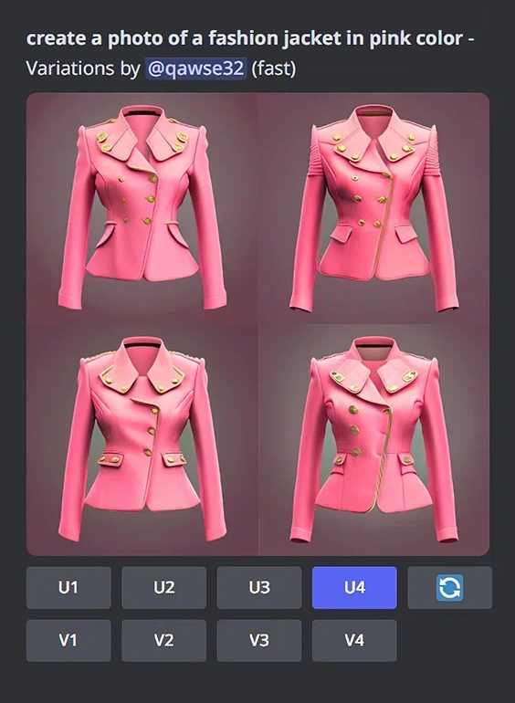 Скриншот моего запроса в Midjourney для первой иконки. Нейросеть подготовила изображения дизайнерского жакета розового цвета