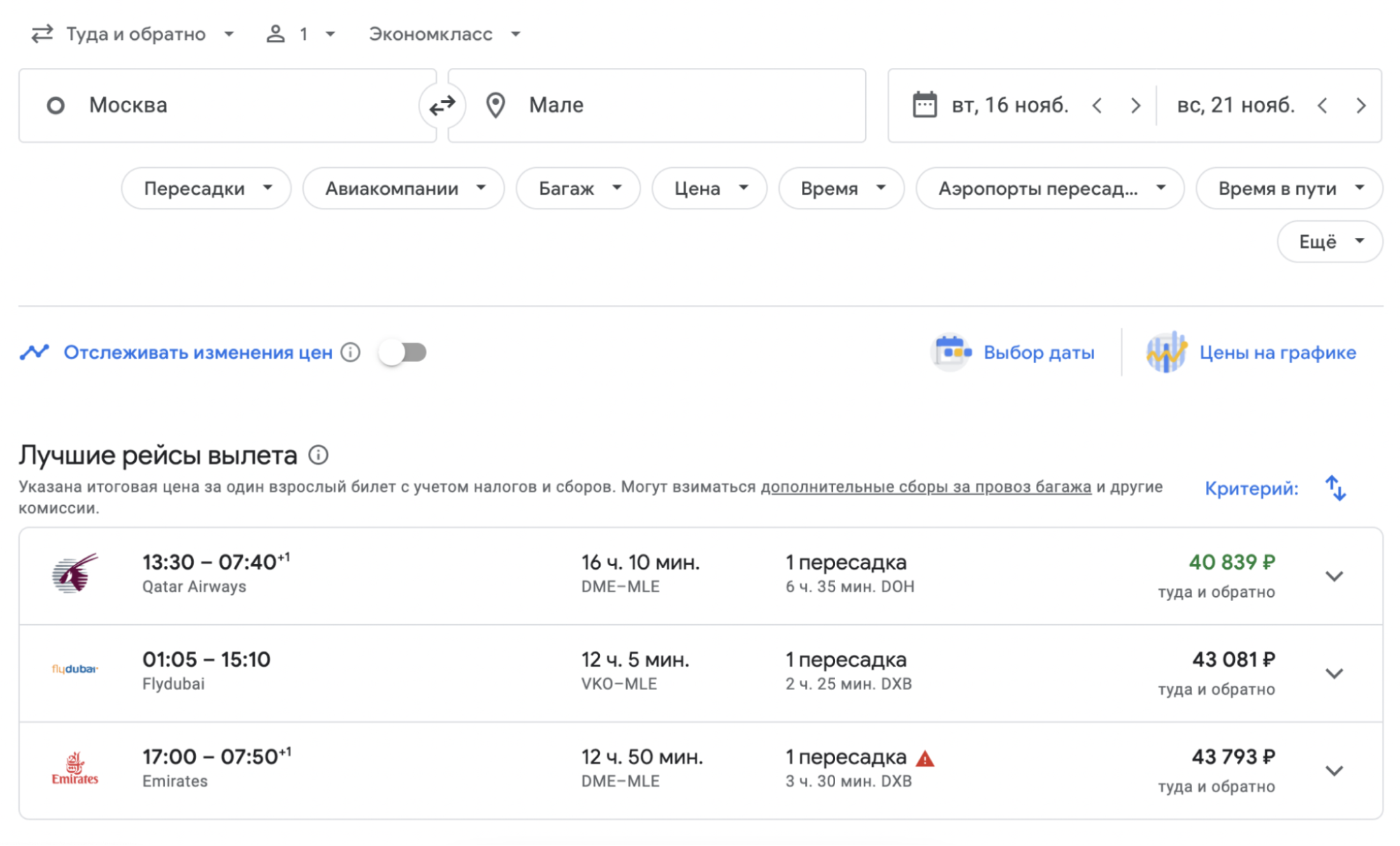 В конце июня 2021 года билеты на вторую половину ноября с короткой пересадкой стоили от 40 839 ₽. Источник: google.com/travel/flights