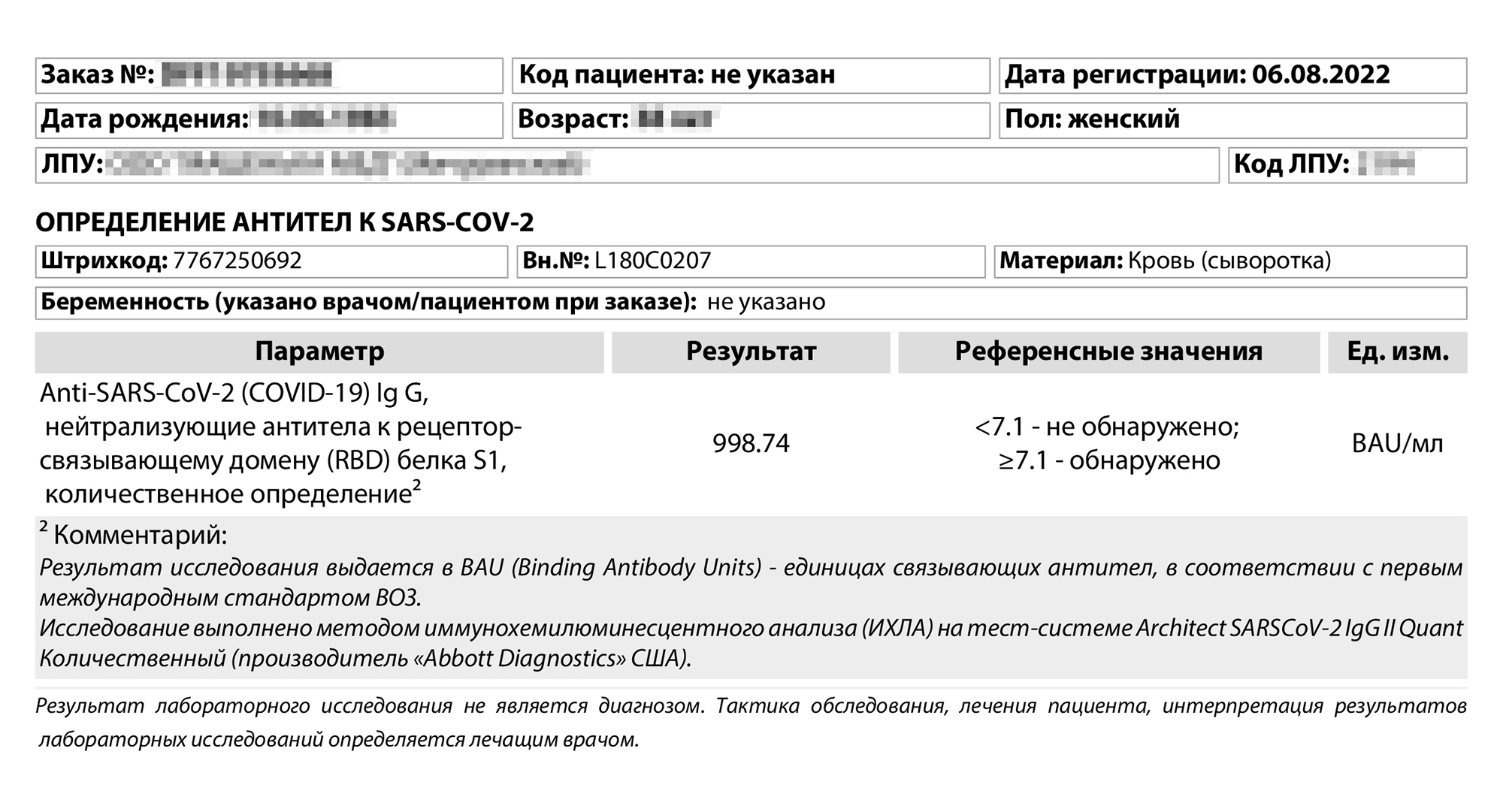 В августе 2022 года тест показал, что антител стало немного меньше по сравнению с февралем — 998,74 BAU/мл