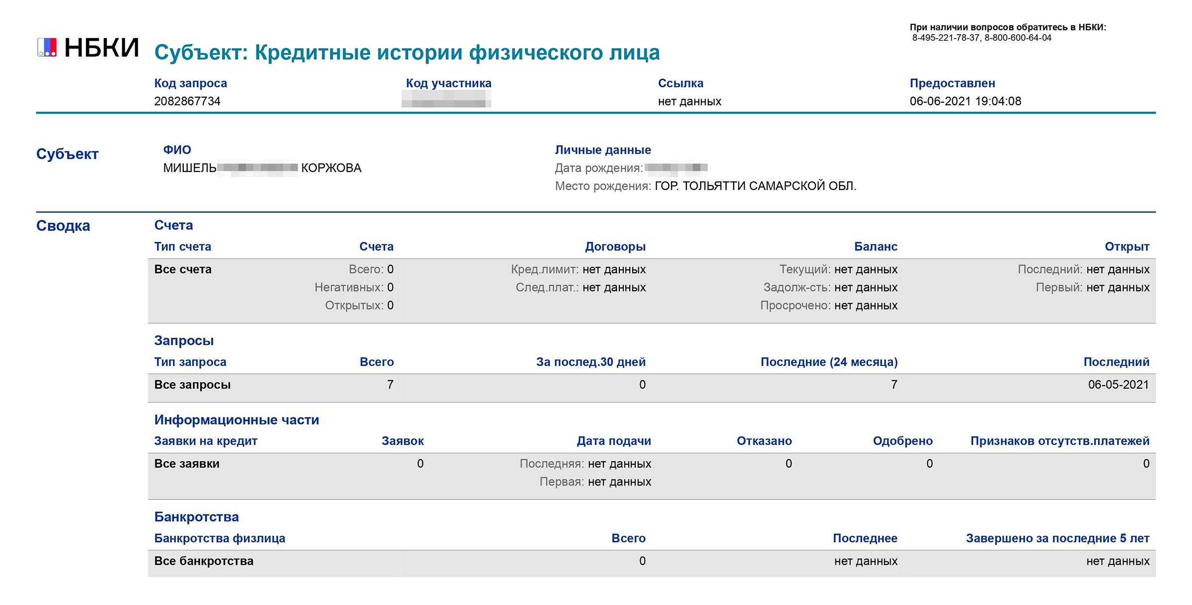 Это скрин моей кредитной истории 2021 года. На тот момент у меня не было кредитов, но информация в бюро кредитных историй уже была