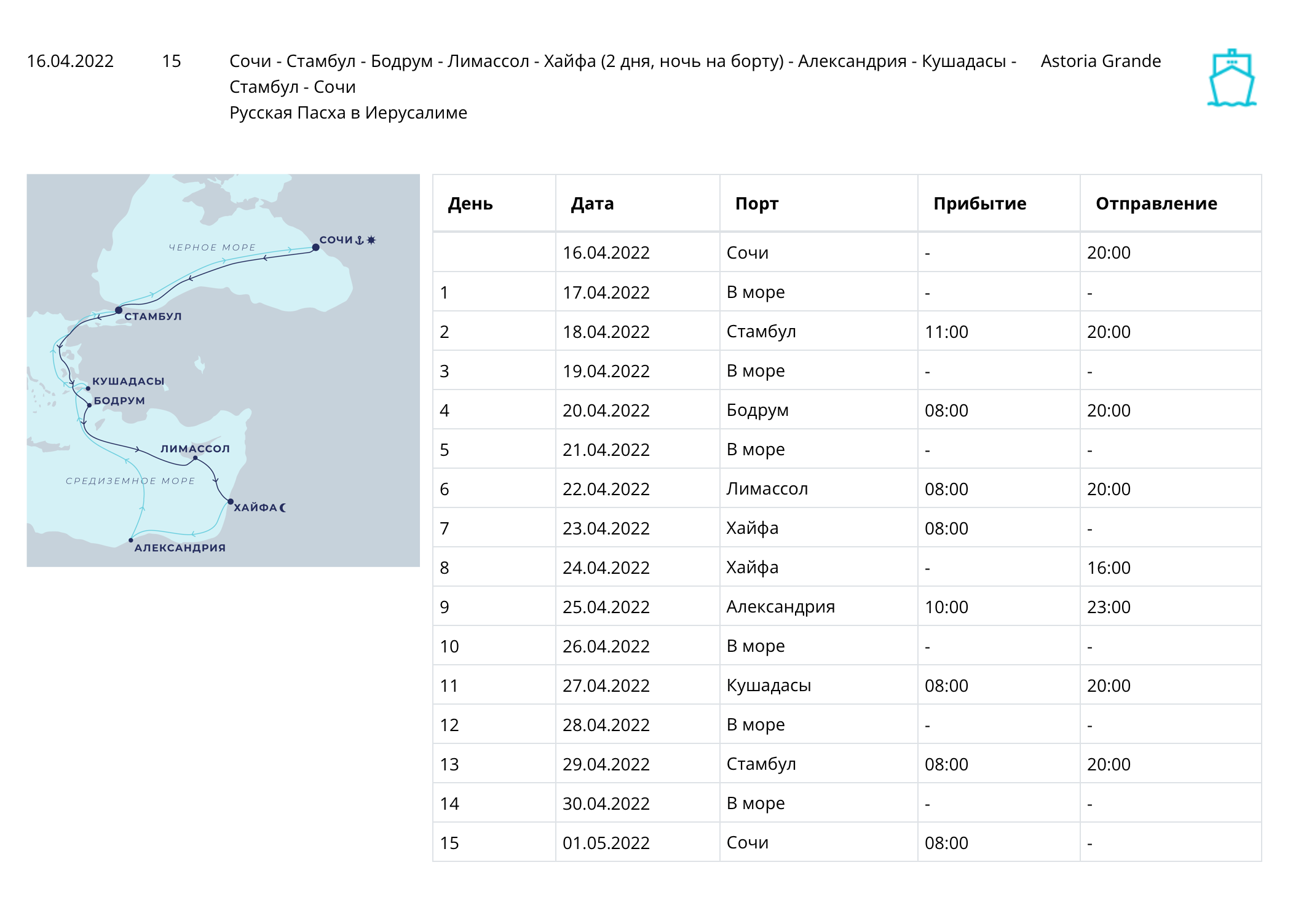 План круиза «Русская Пасха в Иерусалиме» с отправлением 16 апреля. Источник: astoriagrande.com
