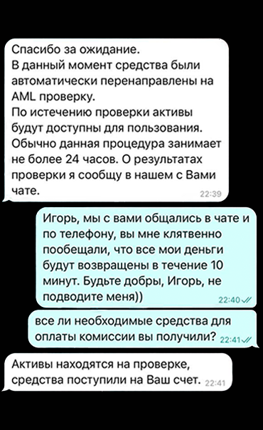 «Поддержка» написала, что деньги разблокируют в течение десяти минут после того, как мы внесем комиссию. Но потом речь шла уже о 24 часах