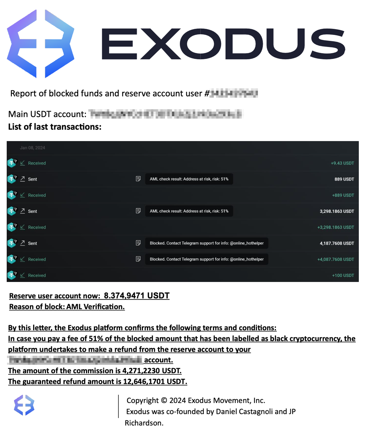 Письмо якобы от платформы Exodus. В нем сказано, что все деньги вернут, если заплатить еще 51% от заблокированной суммы, то есть 4271 USDT