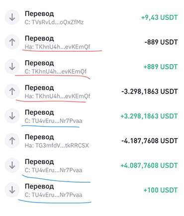 Синим я подчеркнула номер моего кошелька, красным — номер, с которого Марк прислал мне часть денег якобы на уплату комиссии. На скрине видно, что деньги от него отправили назад на тот же счет