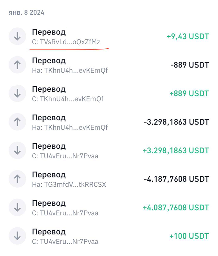 Мошенники отправляли на наш кошелек небольшие суммы, чтобы платить комиссию за переводы на свой кошелек. Обратите внимание на транзакцию на 9,43 USDT, которую я подчеркнула