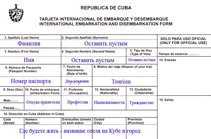 В иммиграционной карте нужно указать профессию, национальность, гражданство и адрес отеля. Источник: flytimer.ru