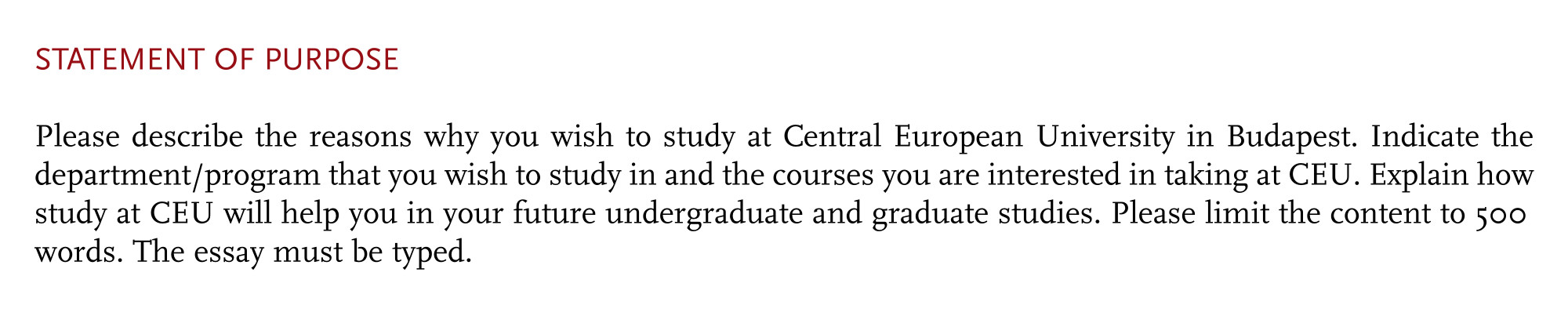Описание statement of purpose от Центрального европейского университета: рассказ о том, на какую программу стремится поступить кандидат, какие дисциплины хочет изучать и как учеба поможет ему в будущем