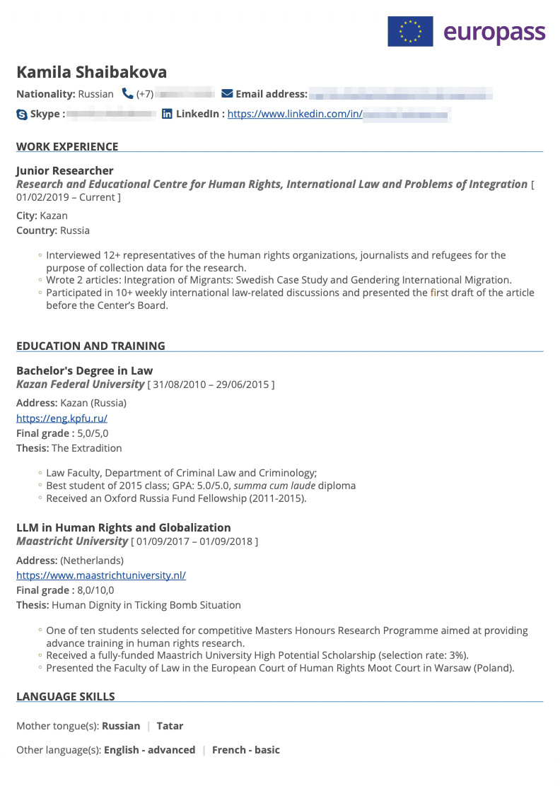 Оформление моего опыта в формате Europass — расскажу о нем ниже, он принят в ЕС и некоторых других странах