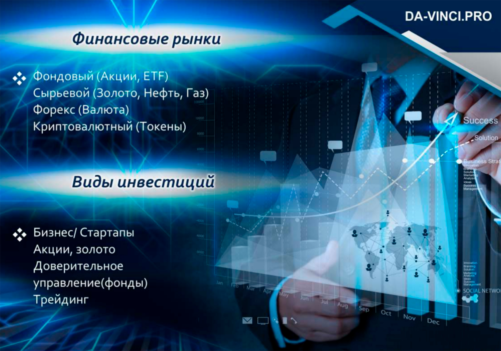 По утверждению создателей «Да Винчи», робот получился на редкость универсальным — даже умеет инвестировать в стартапы. Создатели «Да Винчи» не рассказывают, как ему это удается, но, возможно, имеется в виду стартап по созданию робота, а инвестицией называют покупку лицензий