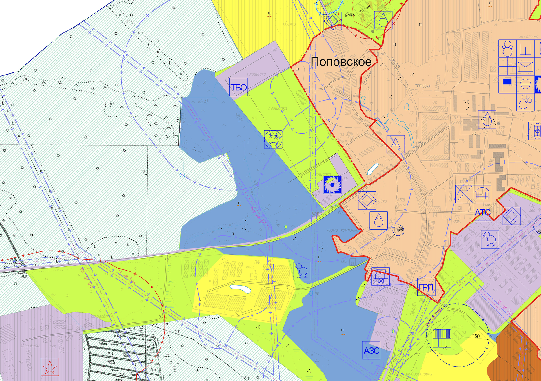 На этом генплане виден полигон ТБО, рядом с которым есть ферма (значок коровы) и пилорама, а южнее — птицефабрика. Темно-синим цветом обозначены государственные земли: можно предположить, что на них со временем появятся похожие объекты
