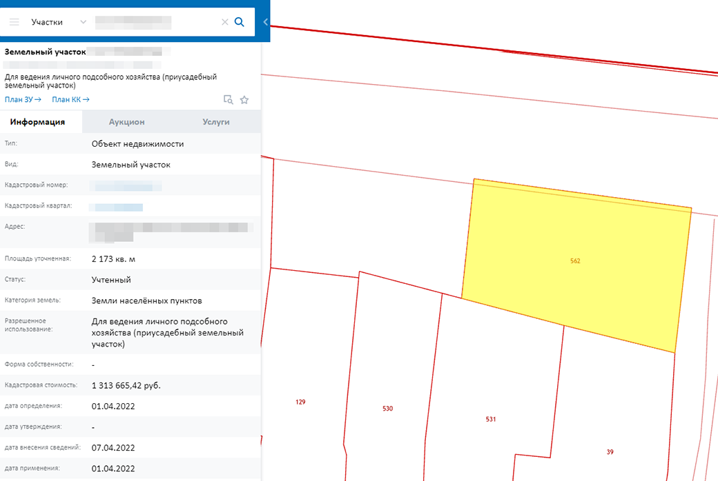 Этот земельный участок предназначен для ведения личного подсобного хозяйства. Вдоль его северной границы идет ЛЭП, которая показана красным цветом — можно спутать с границей участка. По этой карте непонятно, что за ЛЭП и какие у нее охранные зоны, но это можно выяснить на местности