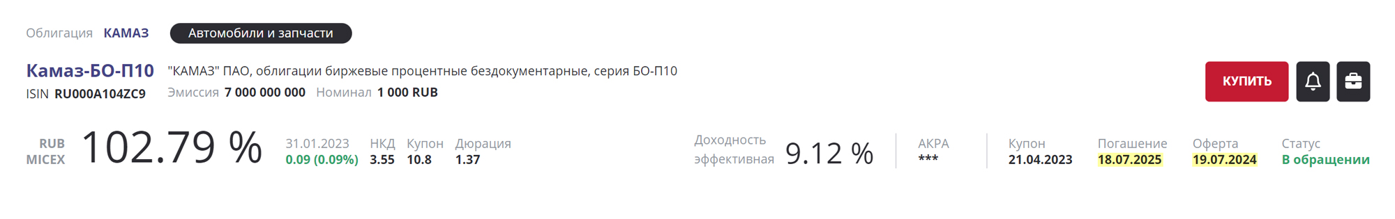 На сайте Rusbonds, внутри карточки облигации, можно найти даты оферты и погашения ценной бумаги. Источник: rusbonds.ru