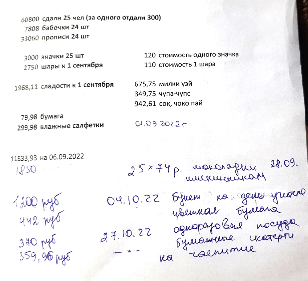 Для себя веду учет трат на бумаге — записываю, сколько и на что потратила. А в чате сообщаю о покупке сразу после нее