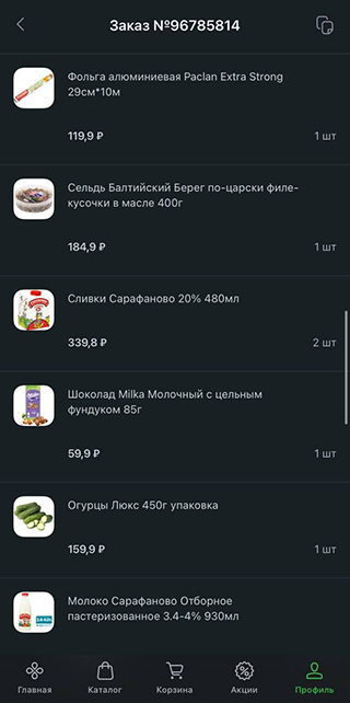 Мой примерный стандартный заказ продуктов