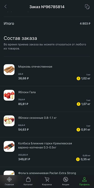 Мой примерный стандартный заказ продуктов