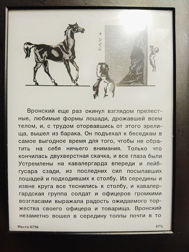 Совмещаю два формата. Бумажная книга настолько ретро, что то и дело над ней чихаю. Зато электронка развлекает меня иллюстрациями. Скачка на бедной Фру⁠-⁠Фру как метафора отношений с Анной