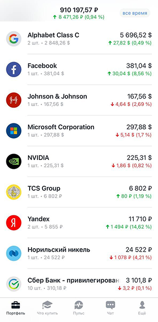 Мой портфель в Т⁠-⁠Инвестициях. Красных значений не боюсь, знаю, что все равно рынок отрастет
