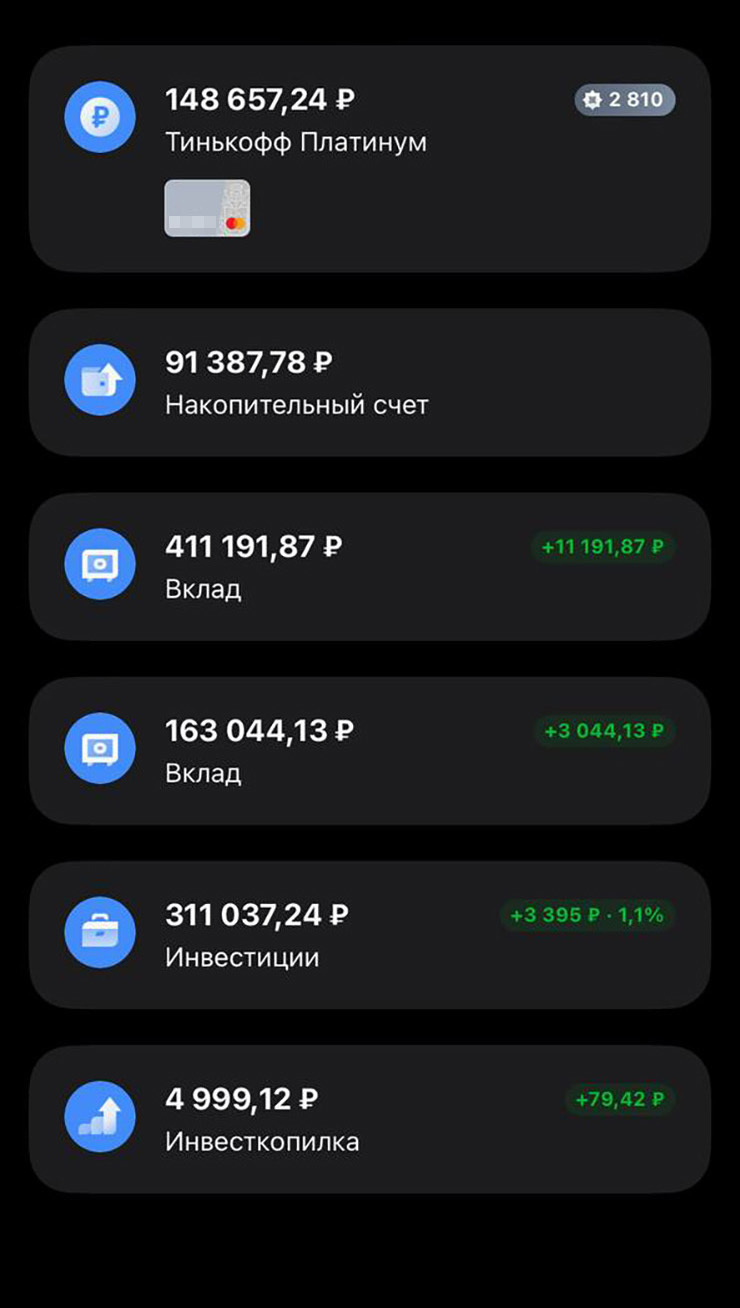 Мои сбережения распределены по вкладам и накопительным счетам Т⁠-⁠Банка