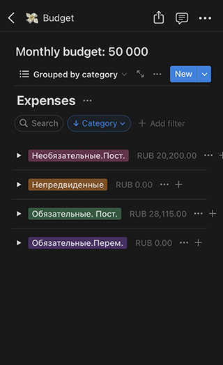 Расходы веду в табличке в «Ноушен». Делю траты на обязательные и необязательные, постоянные и переменные