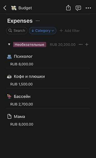 Расходы веду в табличке в «Ноушен». Делю траты на обязательные и необязательные, постоянные и переменные