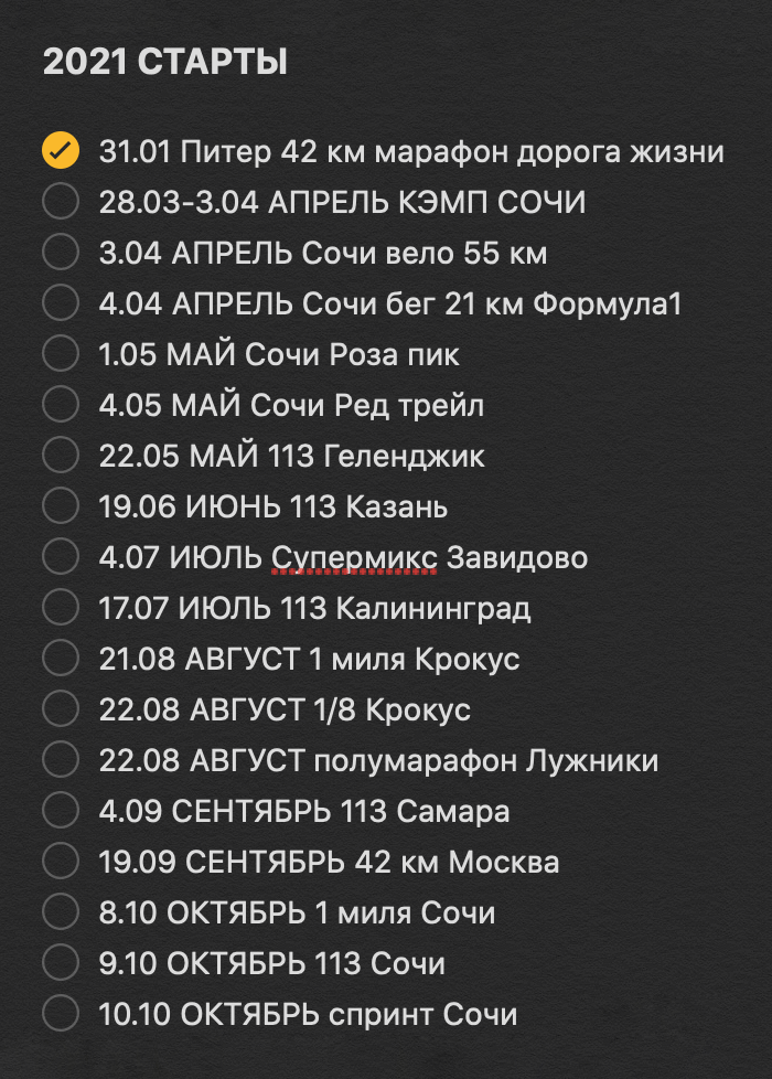 Список стартов, на которые я уже зарегистрирован в 2021 году. Часть, скорее всего, я отменю, а слоты продам из⁠-⁠за отпуска, обучения, еще чего⁠-⁠нибудь, но большую часть надеюсь пройти