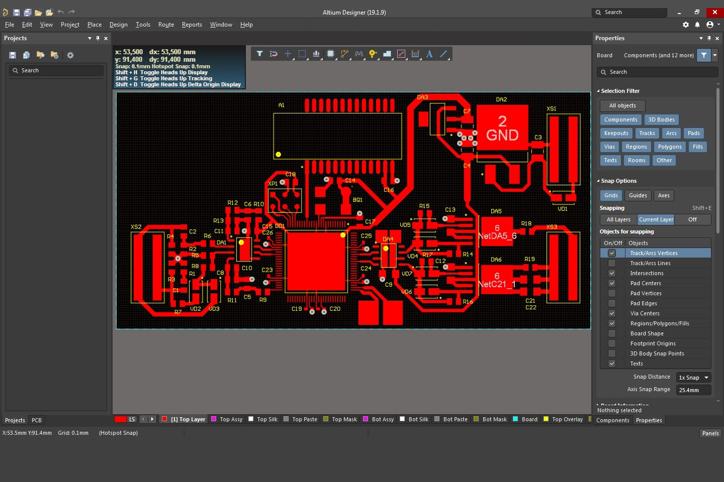 Трассировка печатной платы в Altium Designer, второй слой скрыт