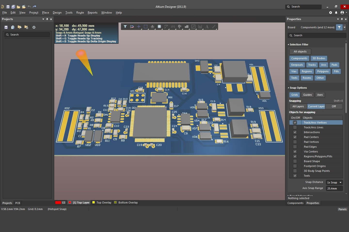 3D-вид платы в Altium Designer. Корпуса элементов показаны упрощенно, а для соединителей я вообще забыл их сделать