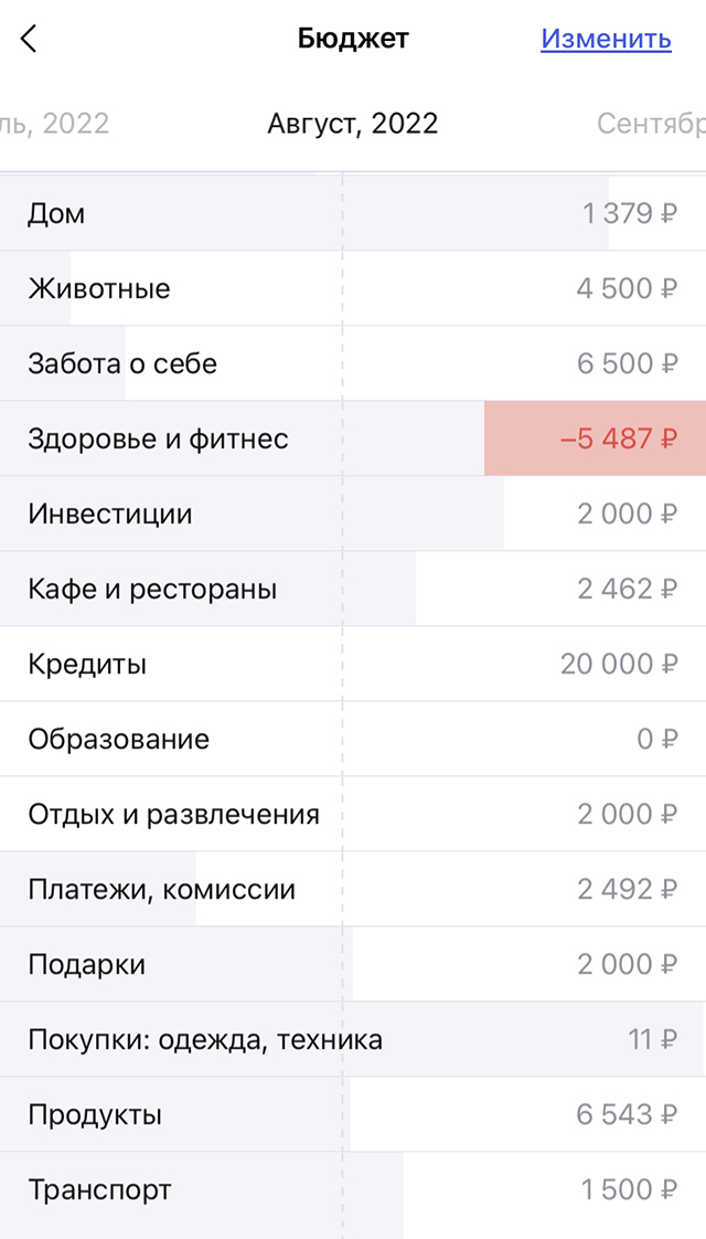 Бюджет на август: в категории «Здоровье» мы вышли из плана, а во всех остальных еще не потратили планируемую сумму