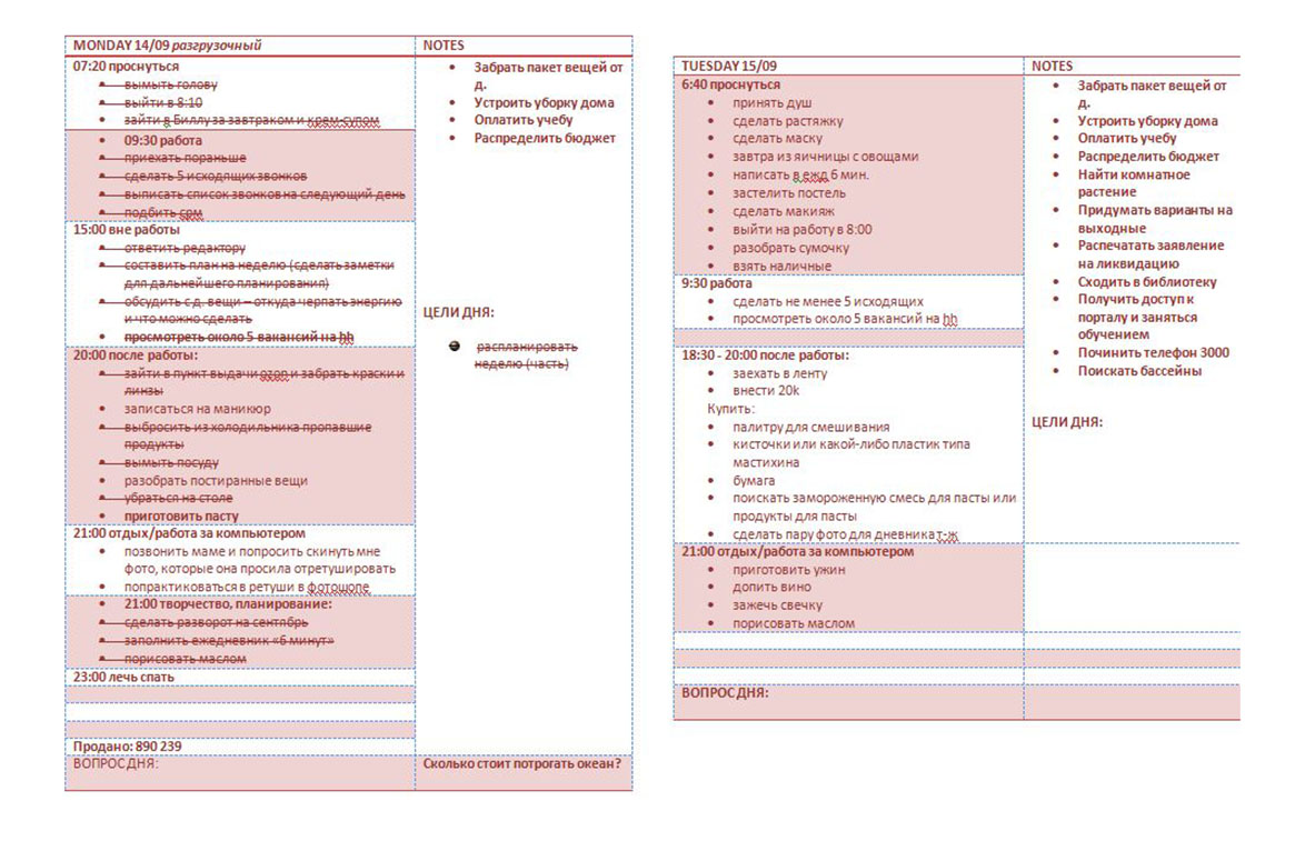 Планирую неделю разными способами. Эти планы остались со времен, когда я жила одна