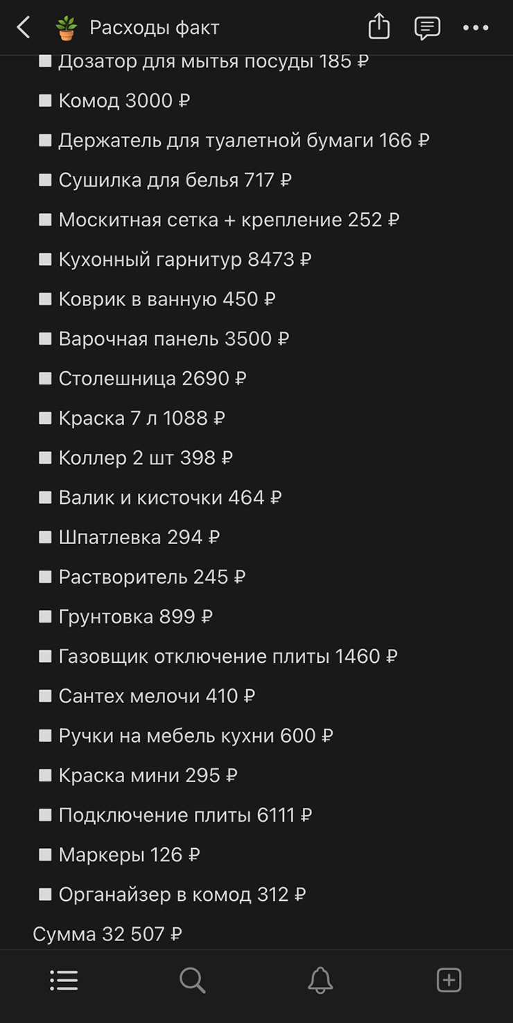 Вот сколько мы уже вложили в квартиру. Записывали траты в общий проект в «Ноушене». Там же вели списки дел и хранили важную инфу