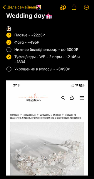 Свадебные расходы. Пункты с галочкой — окончательные, без галочки — примерные