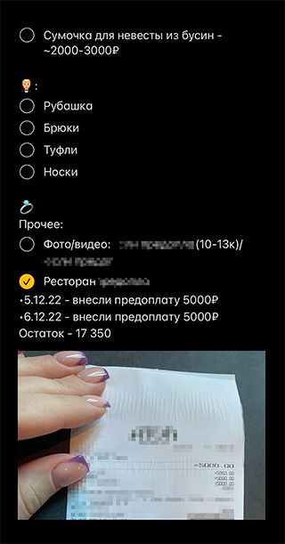 Свадебные расходы. Пункты с галочкой — окончательные, без галочки — примерные