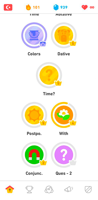Мой прогресс в «Дуолинго». Забавная особенность: из-за того, что в «Дуолинго» можно учить турецкий только с английского, я сначала перевожу в голове на него и только потом на русский