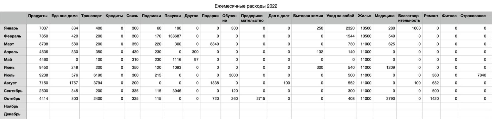 Отдельно выписываю в таблицу расходы по категориям в пределах года. Можно добавить примечания и комментарии