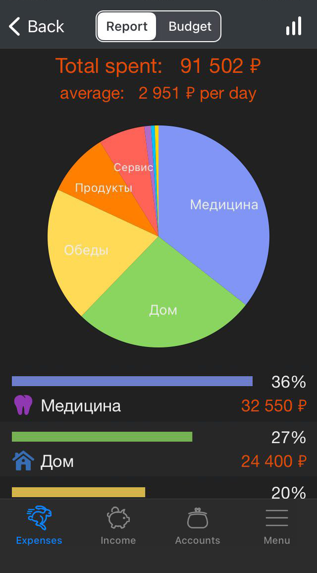 Скриншот приложения с бюджетом из лета 2020. Я уже подписал контракт с нынешним работодателем, поэтому потратился на стоматолога в Москве: во Франции лечить зубы было бы дороже