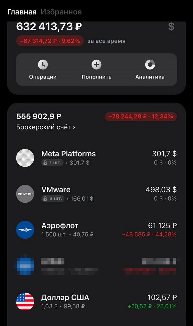 Мой портфель в Т⁠-⁠Банке в минусе (компания Meta Platforms Inc., которой принадлежат «Инстаграм», «Фейсбук» и «Вотсап», считается экстремистской организацией и ее деятельность в России запрещена)
