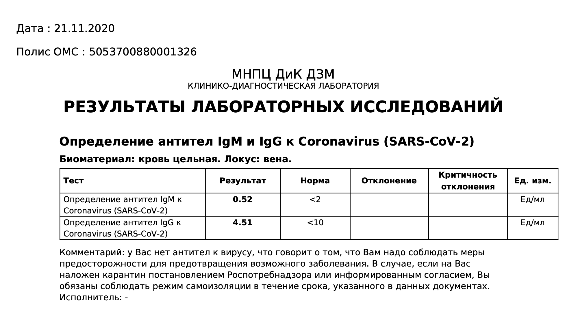 Результат теста, выгруженный из ЕМИАС. Странно, что пришел только результат теста по крови, а мазок пока не готов. Но, мне кажется, анализ крови — более релевантный метод определения коронавируса, чем ПЦР-тест, поэтому мы немного успокоились