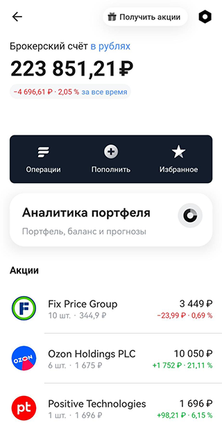 Сейчас брокерский счет чувствует себя нормально. Минус совсем небольшой, около 6%, потому что я сделала сальдирование убытков: продала просевшие акции и тут же их выкупила. Из 200 000 ₽ половина заморожена в FinEx