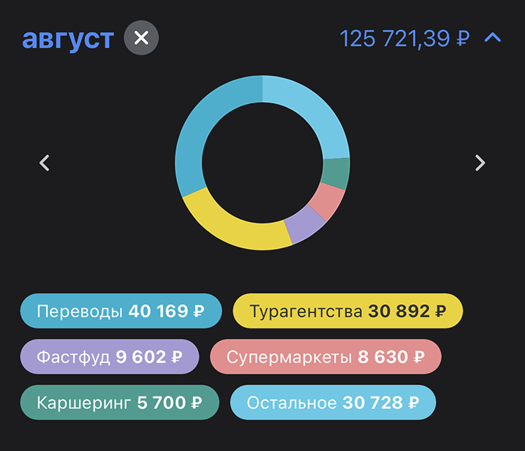 Траты за август. Обычно я трачу 70 000 ₽, но в этом месяце получилось больше, потому что ездил в Красноярск отдыхать